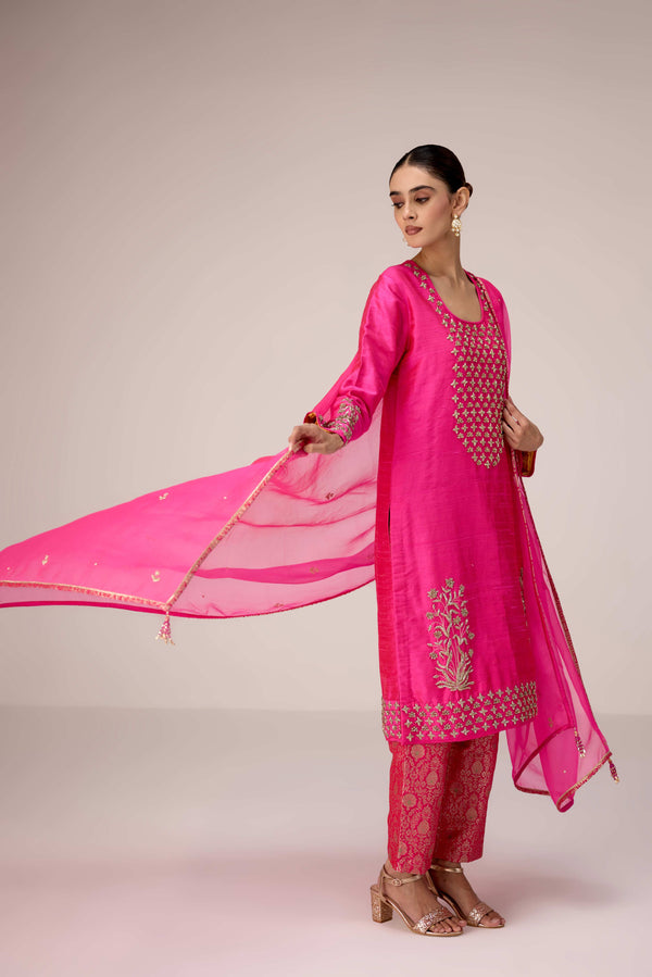 Fuschia pink zardozi  embroidered kurta pants set