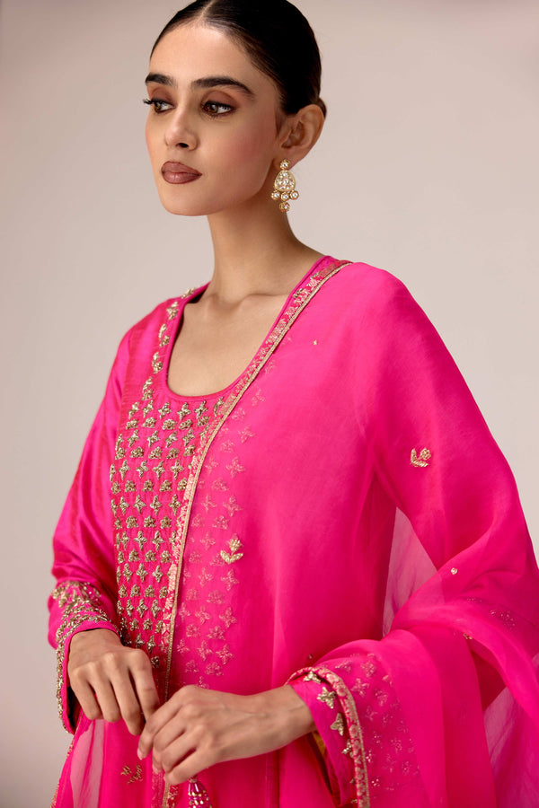 Fuschia pink zardozi  embroidered kurta pants set
