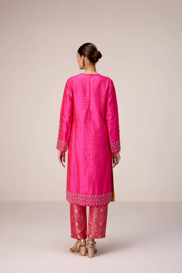 Fuschia pink zardozi  embroidered kurta pants set