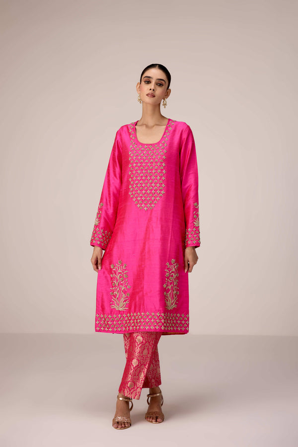Fuschia pink zardozi  embroidered kurta pants set
