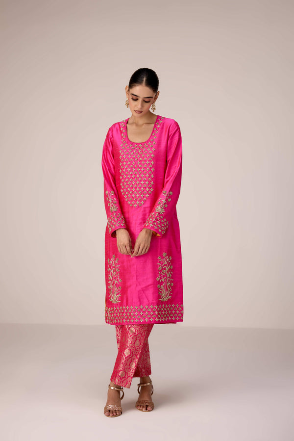 Fuschia pink zardozi  embroidered kurta pants set