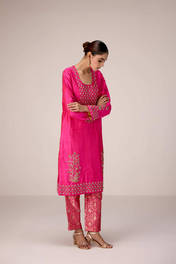 Fuschia pink zardozi  embroidered kurta pants set