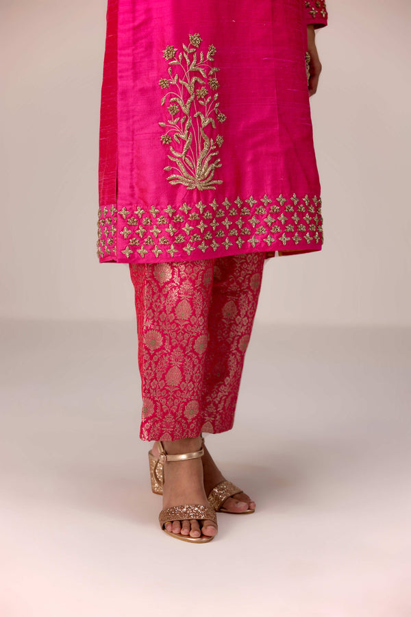 Fuschia pink zardozi  embroidered kurta pants set