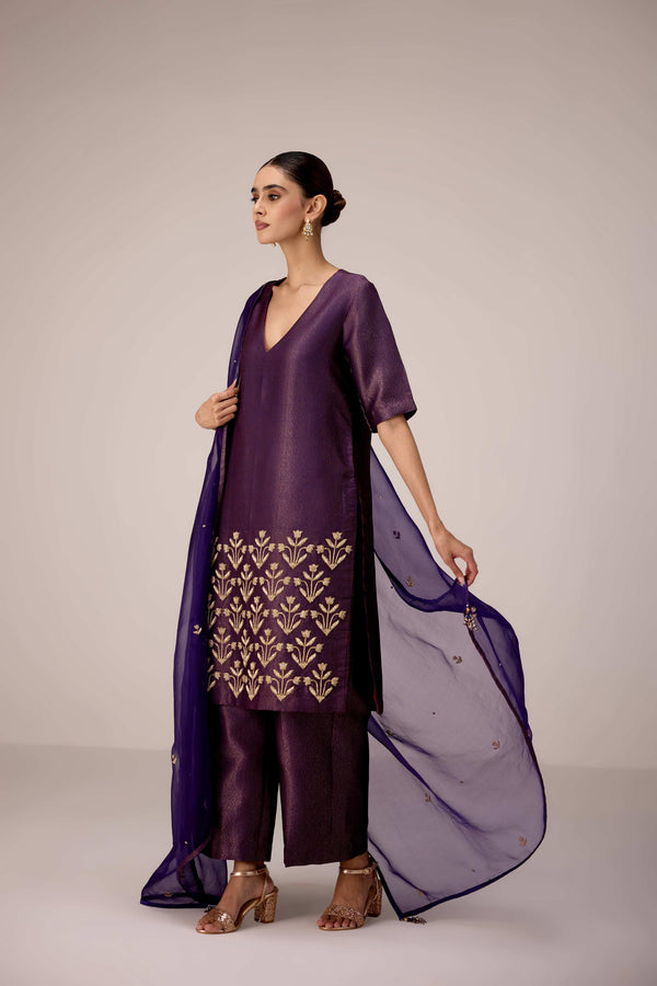 Purple wine zardozi  embroidered kurta pants set