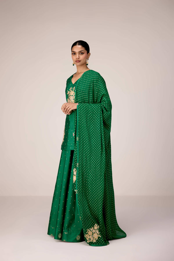 Emerald green applique embroidered kurta skirt set