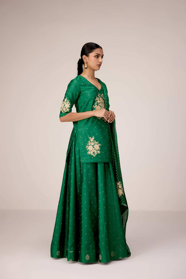 Emerald green applique embroidered kurta skirt set