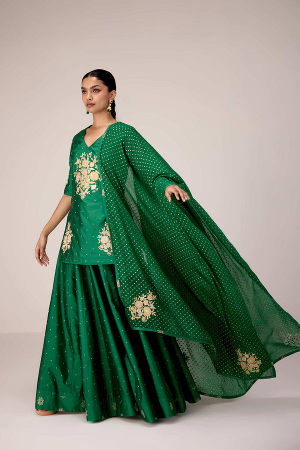 Emerald green applique embroidered kurta skirt set