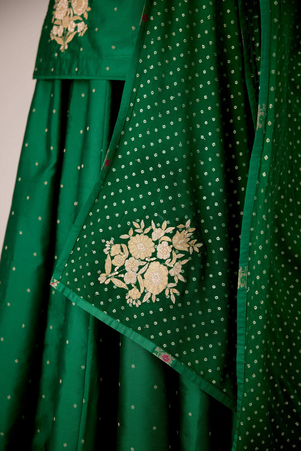 Emerald green applique embroidered kurta skirt set