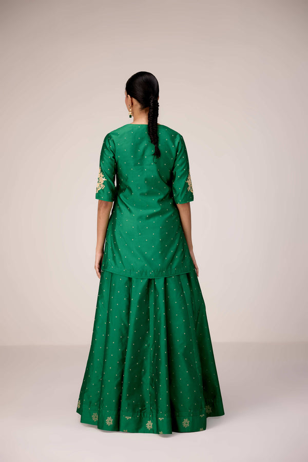 Emerald green applique embroidered kurta skirt set