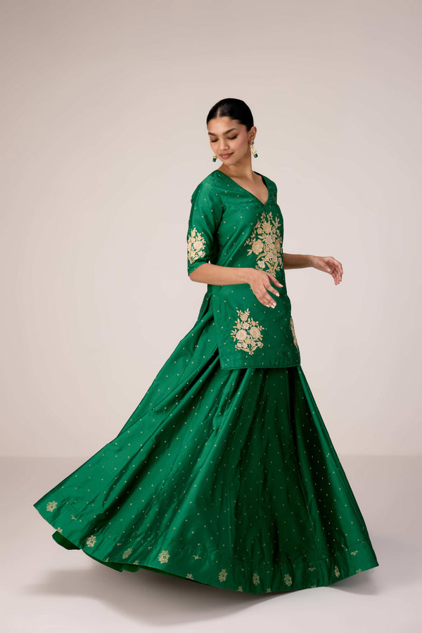 Emerald green applique embroidered kurta skirt set