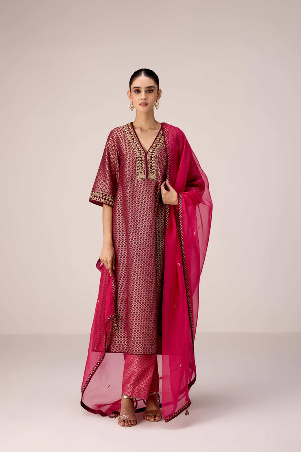 Pink wine zardozi embroidered kurta pants set
