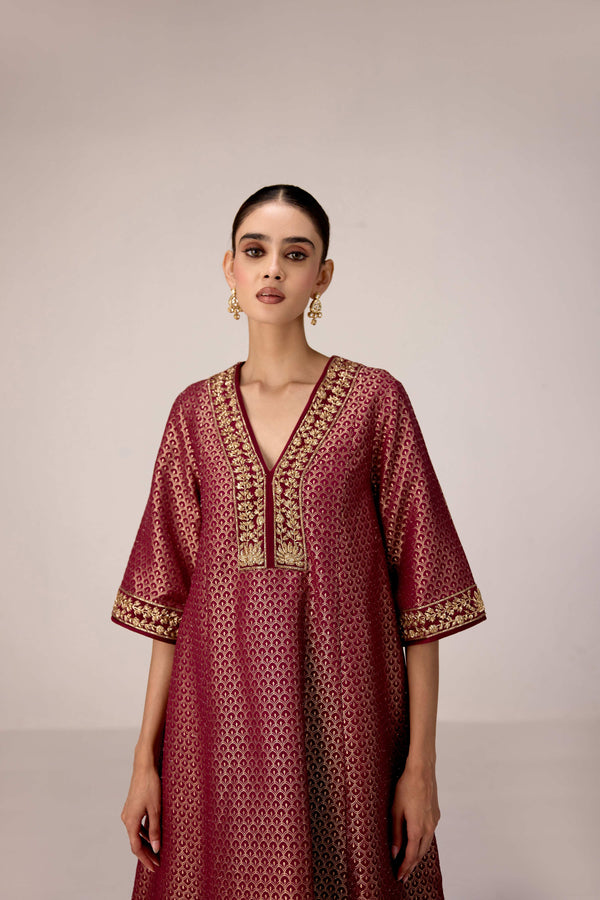 Pink wine zardozi embroidered kurta pants set