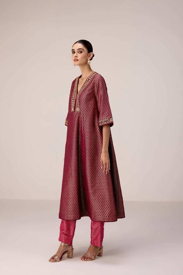 Pink wine zardozi embroidered kurta pants set