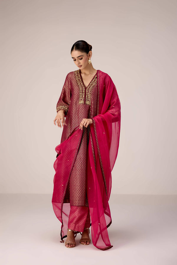 Pink wine zardozi embroidered kurta pants set