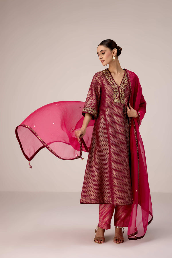 Pink wine zardozi embroidered kurta pants set