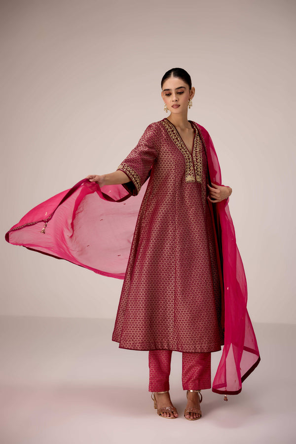 Pink wine zardozi embroidered kurta pants set