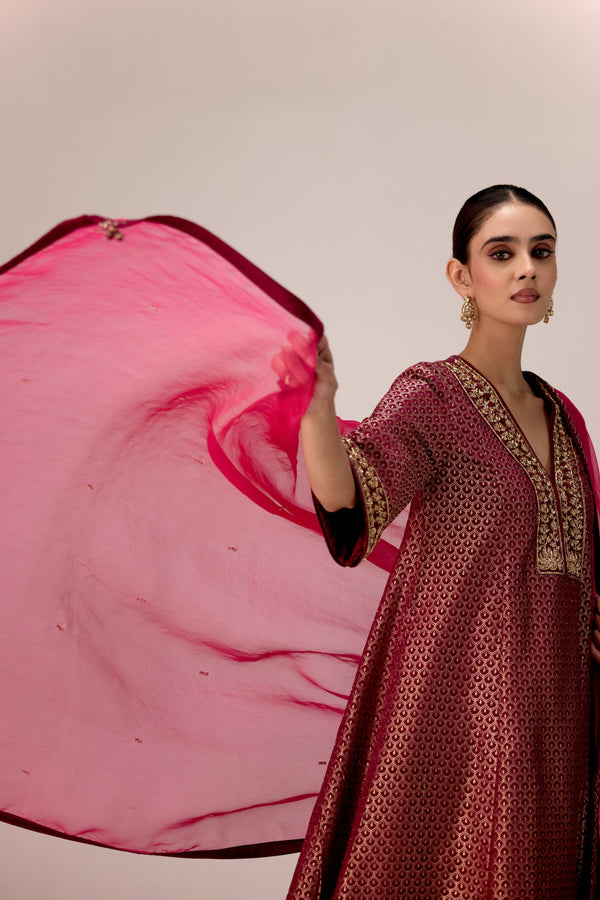 Pink wine zardozi embroidered kurta pants set