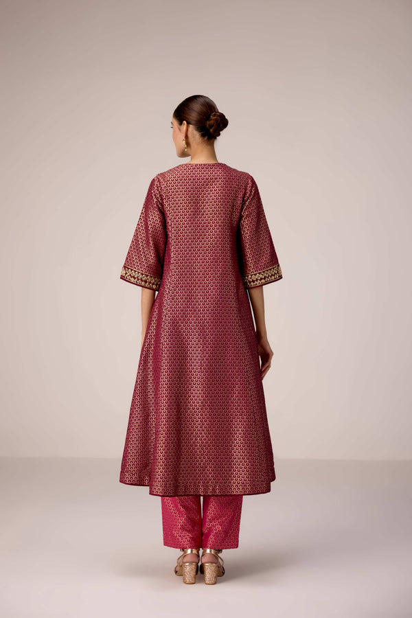 Pink wine zardozi embroidered kurta pants set
