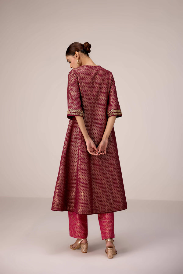 Pink wine zardozi embroidered kurta pants set
