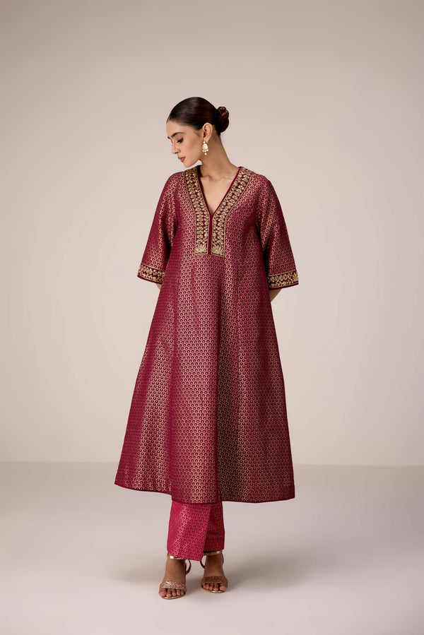 Pink wine zardozi embroidered kurta pants set