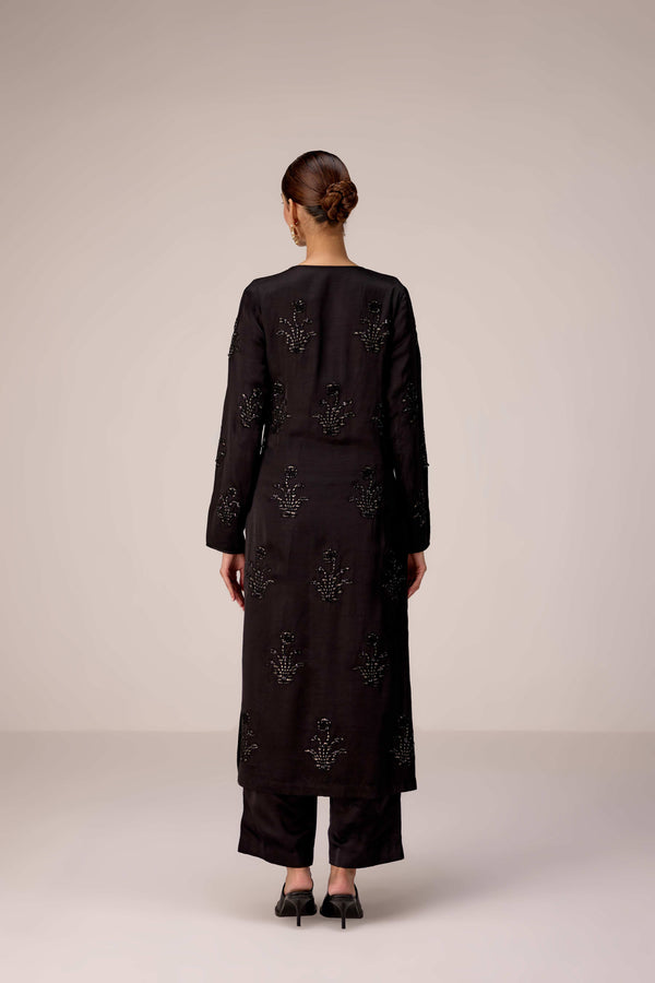 Black applique embroidered kurta trouser set