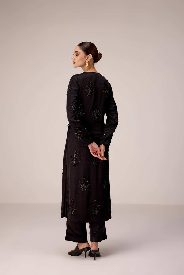 Black applique embroidered kurta trouser set