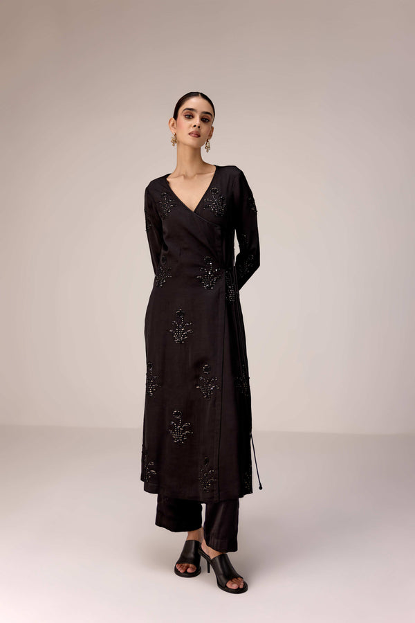 Black applique embroidered kurta trouser set