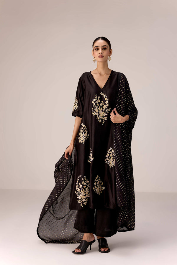 Black applique embroidered kurta trouser set