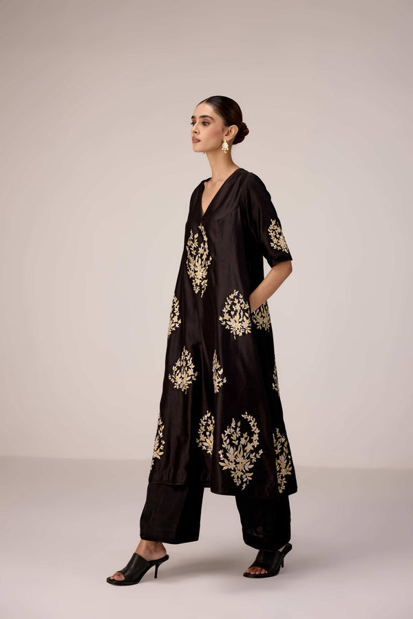 Black applique embroidered kurta trouser set