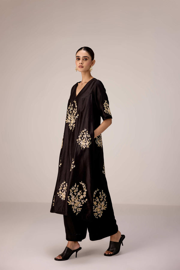 Black applique embroidered kurta trouser set