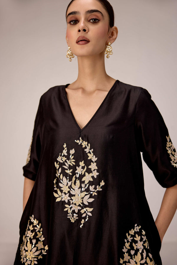 Black applique embroidered kurta trouser set