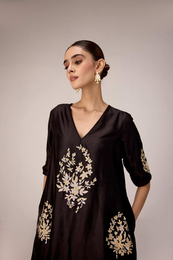 Black applique embroidered kurta trouser set