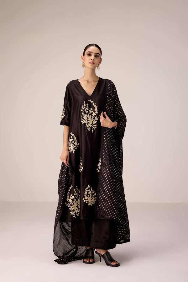 Black applique embroidered kurta trouser set