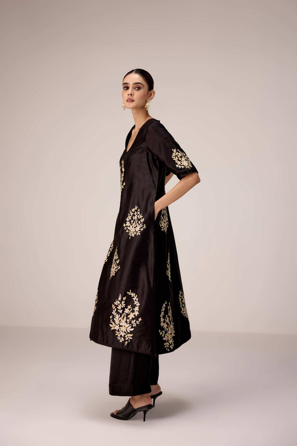 Black applique embroidered kurta trouser set