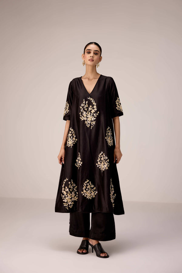 Black applique embroidered kurta trouser set