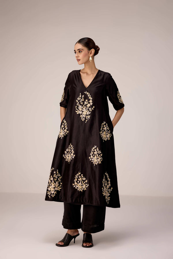 Black applique embroidered kurta trouser set