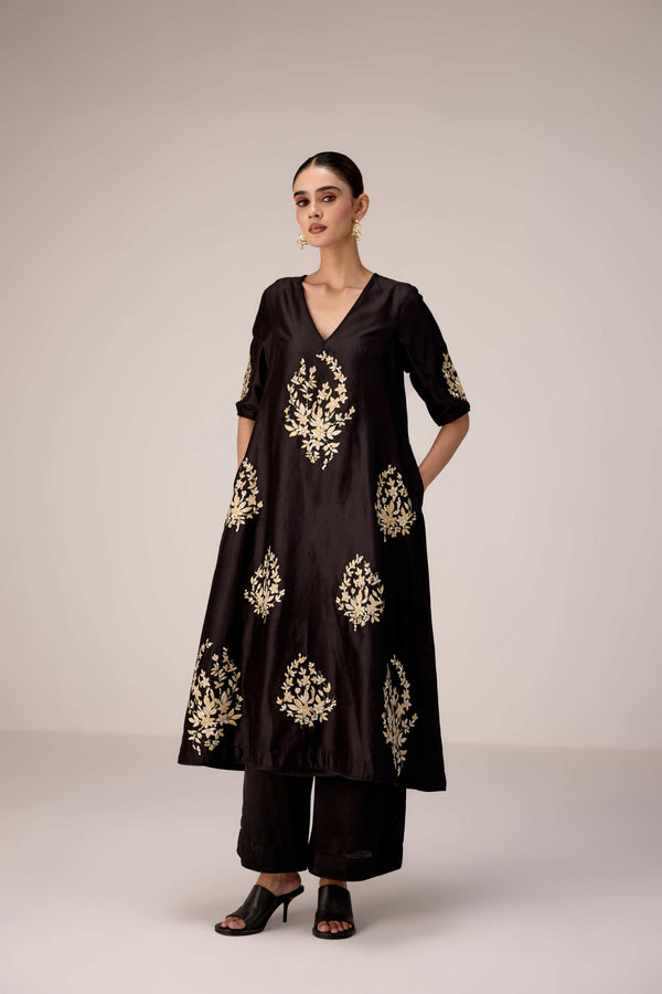 Black applique embroidered kurta trouser set