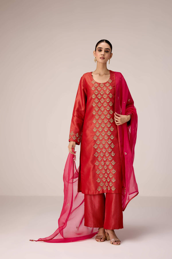 Brick red zardozi  embroidered kurta pants set