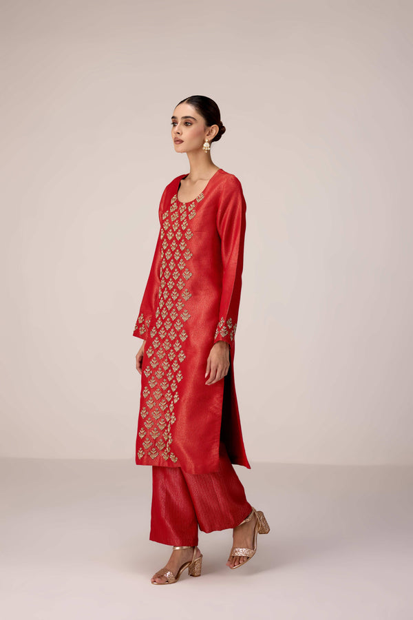 Brick red zardozi  embroidered kurta pants set