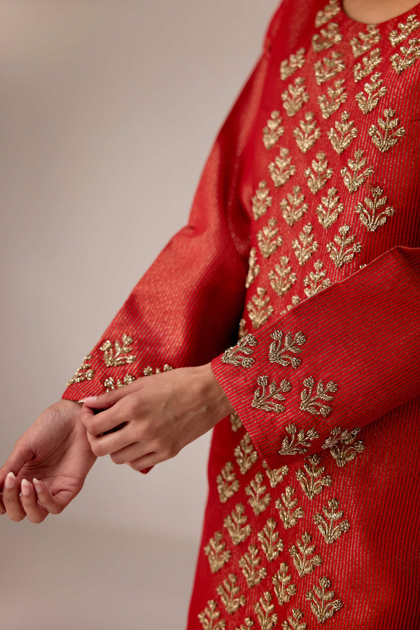 Brick red zardozi  embroidered kurta pants set