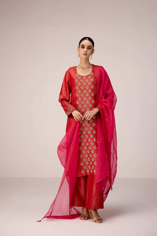 Brick red zardozi  embroidered kurta pants set