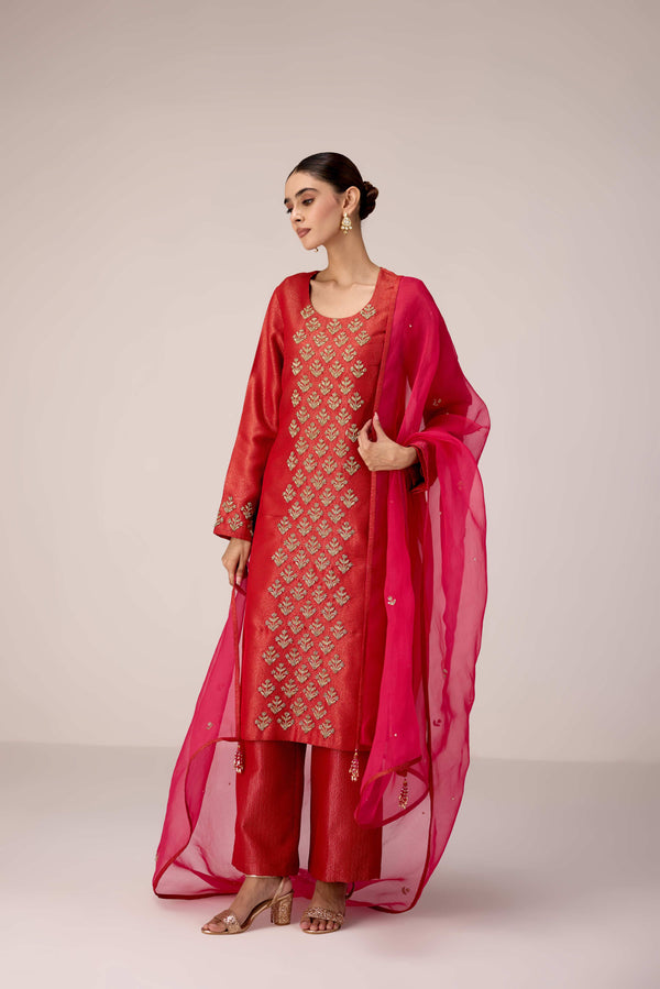 Brick red zardozi  embroidered kurta pants set
