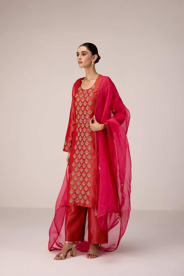 Brick red zardozi  embroidered kurta pants set