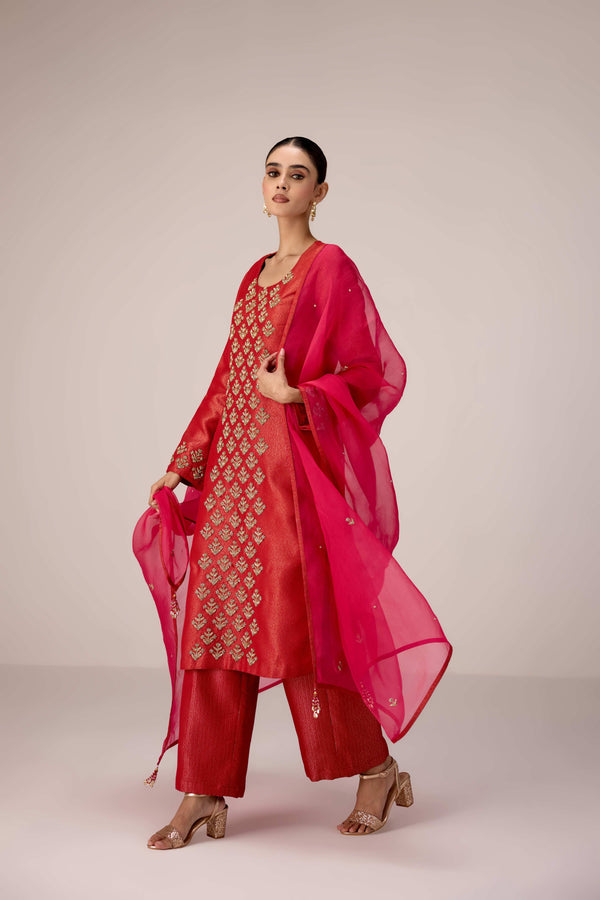 Brick red zardozi  embroidered kurta pants set