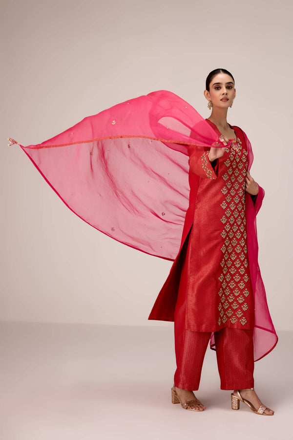 Brick red zardozi  embroidered kurta pants set