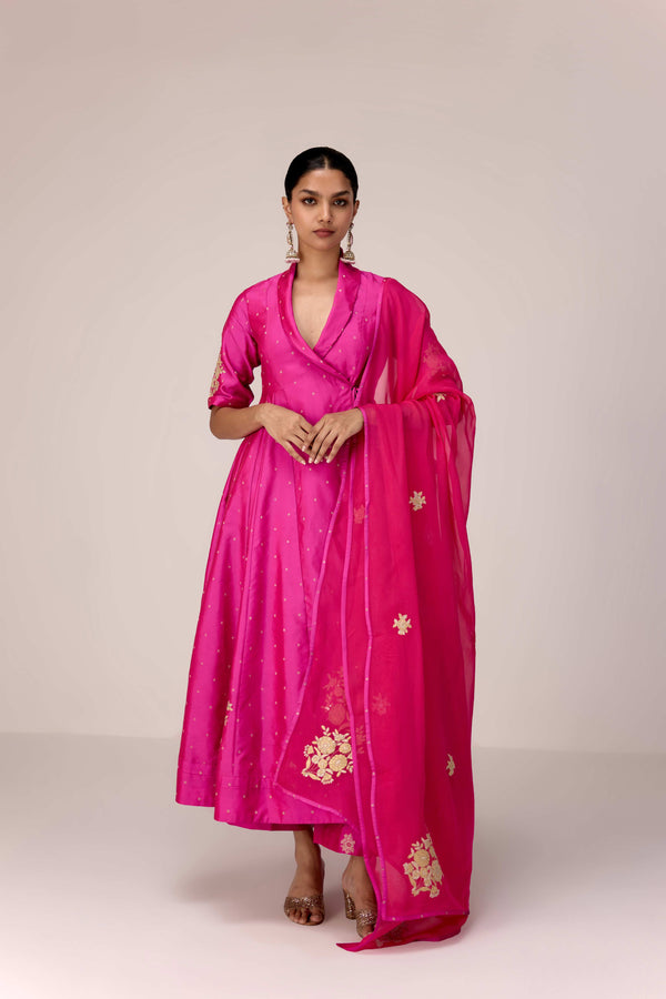 Pink gold applique embroidered angrakha pants set