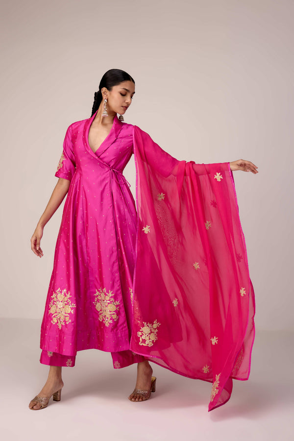 Pink gold applique embroidered angrakha pants set