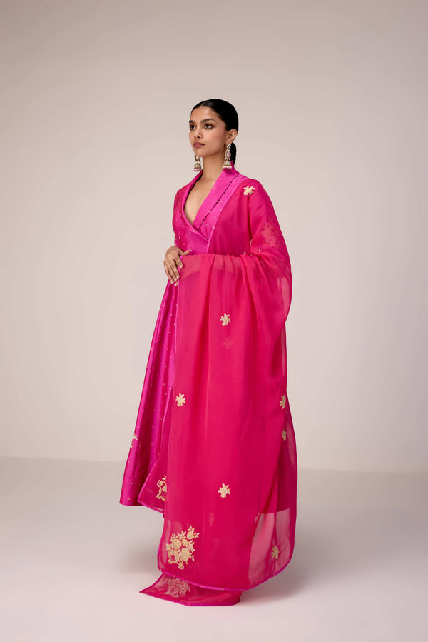 Pink gold applique embroidered angrakha pants set