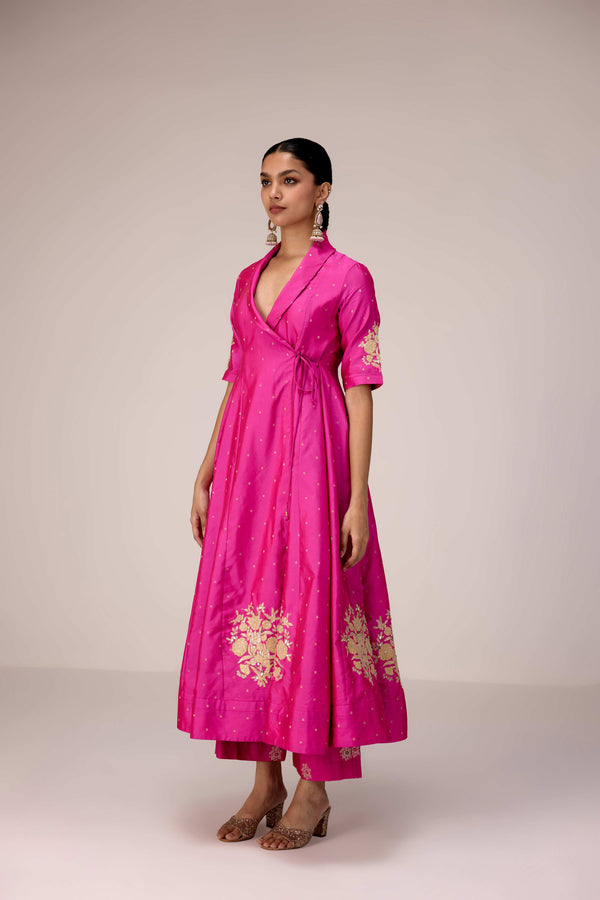 Pink gold applique embroidered angrakha pants set