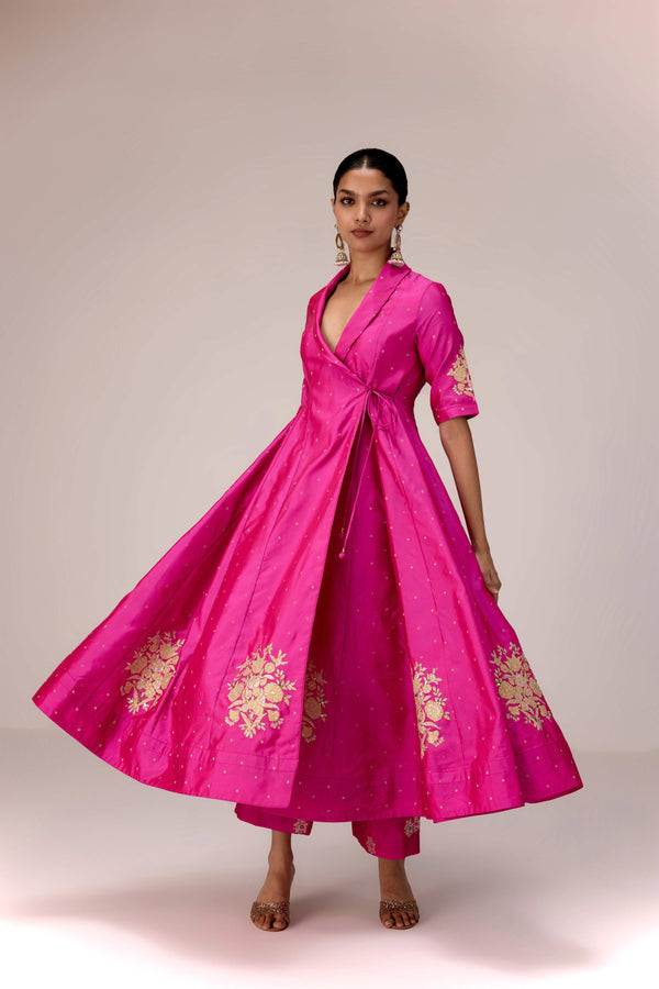 Pink gold applique embroidered angrakha pants set